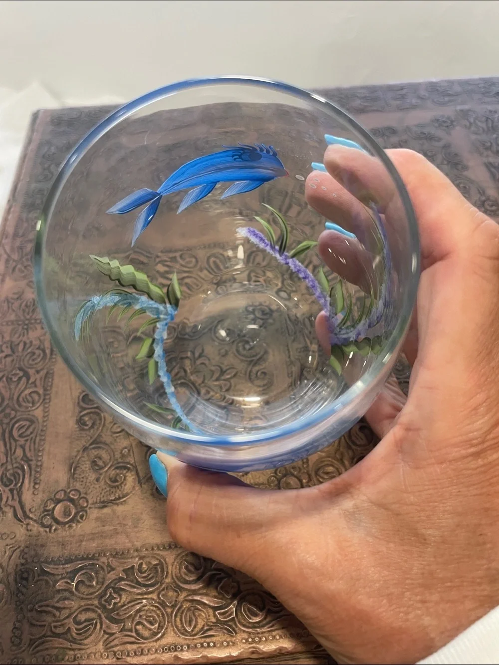 Hand-Painted Blue Fish Stemless Glass - Decorative Aquatic Accent
